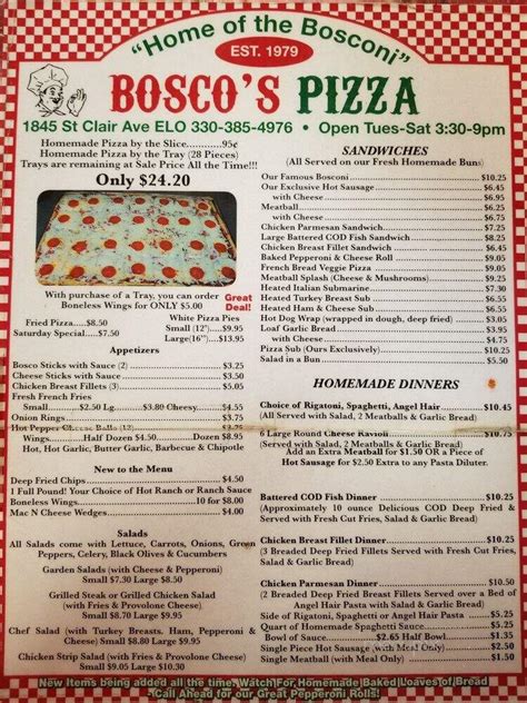 Boscos pizza - 1835 Saint Clair Ave. East Liverpool, OH 43920. (330) 385-4976. Website. Neighborhood: East Liverpool. Bookmark Update Menus Edit Info Read Reviews Write Review. 